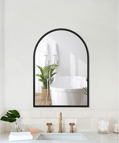 Miniatura 127 de Espejo de pared arqueado negro con marco de aleación de aluminio, espejo de baño de metal cepillado, espejo montado en la pared para sala de estar