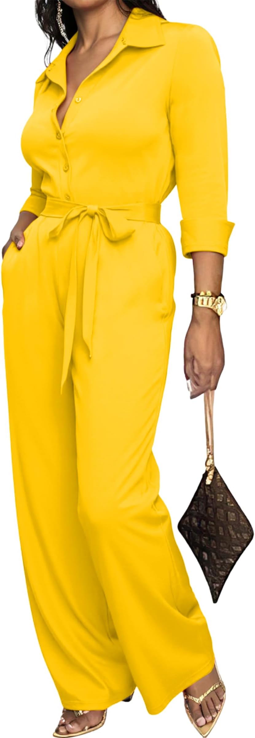 FANDEE Womens Dressy Jumpsuits Casual One Piece Outfit Button 3/4 Sleeve Drawstring Waist Wide Leg Long Pants Romper