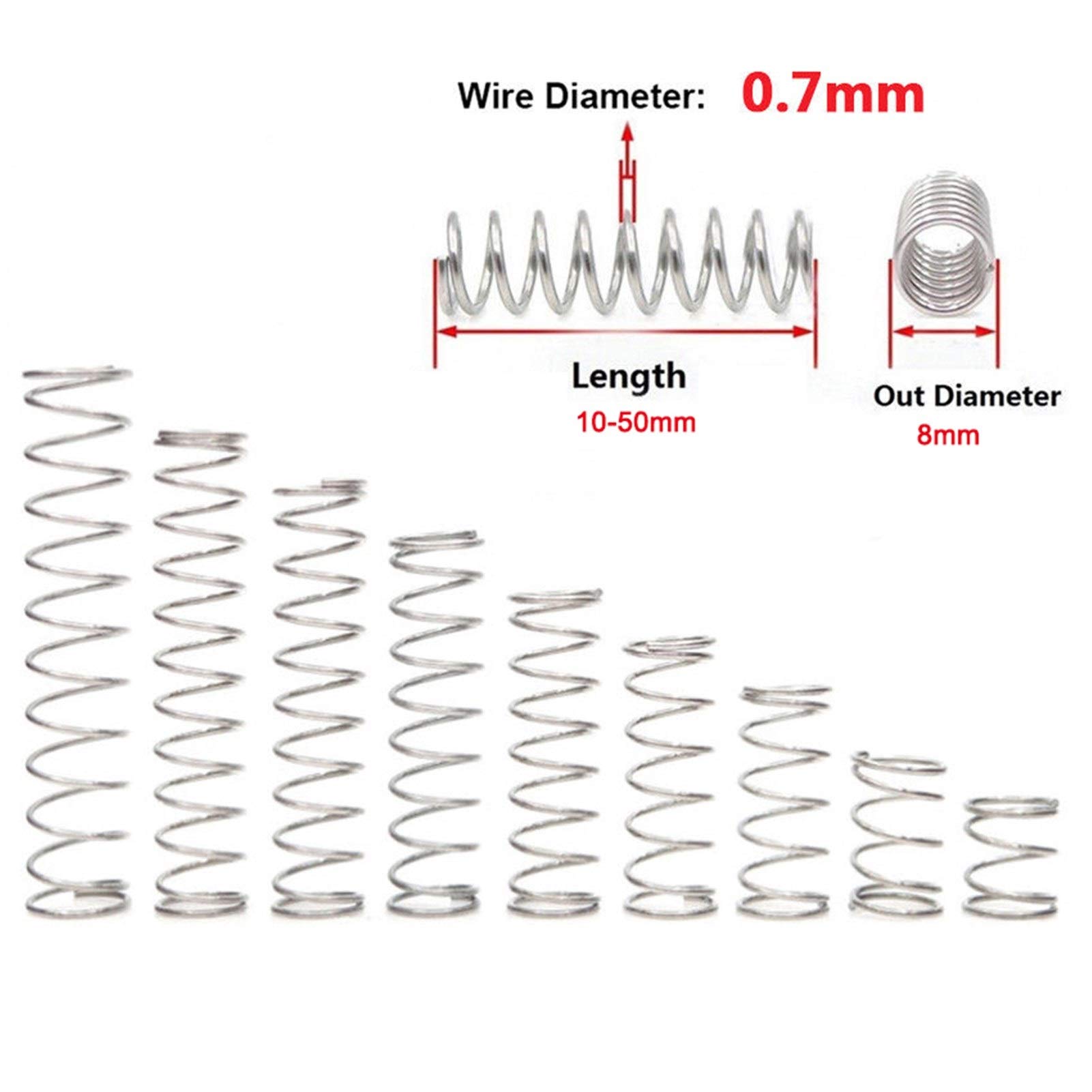 Kit 10 Molle Di Compressione In Acciaio Inox 304 – Diametro Filo 0,8 Mm, Diametro Esterno 10 Mm, Lunghezze 10-50 Mm