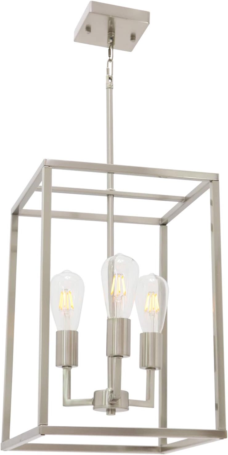 VINLUZ Retro 4 Light Large Farmhouse Chandelier Rustic Dining Room Lighting Fixtures Hanging in Black and Brushed Brass Finish Metal Square Cage Pendant Lighting for Kitchen Island