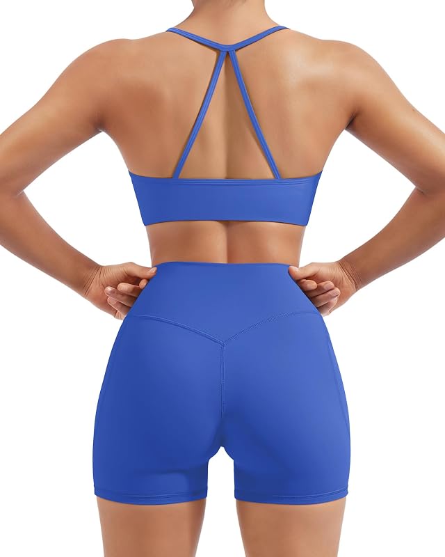 SUUKSESS Women 2 Piece Workout Sets Padded Halter Sports Bras High Waisted Biker Shorts with Pockets