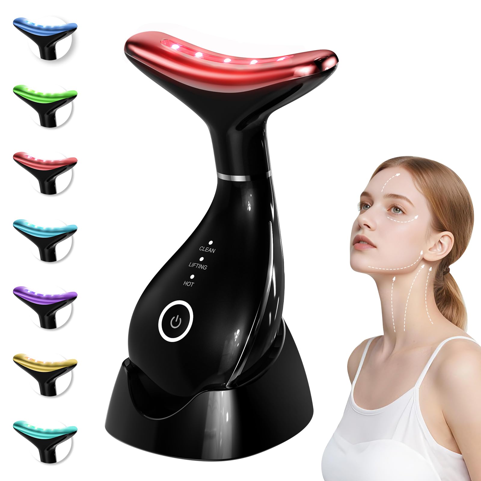 Red Light Therapy Device for Face and Neck, 7 Color LED Facial Light Therapy Facial Massager for Skin Tightening and Face Lifting Device at Home Use (Black)