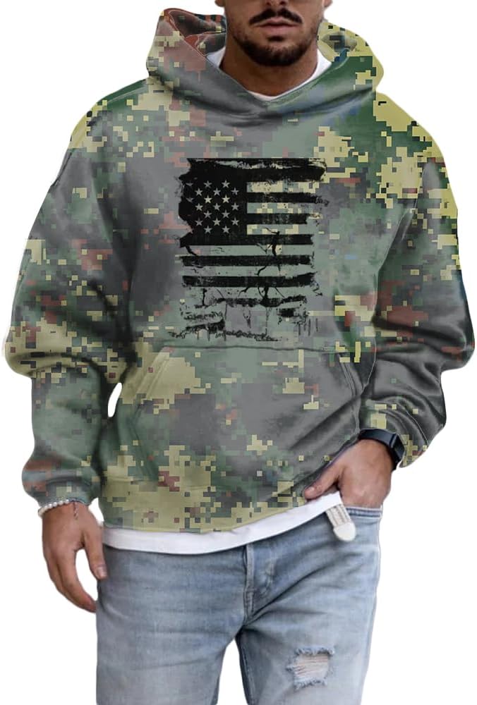 ZOCAVIA Mens American Flag Camo Hoodies Western Cowboy Graphic Hooded Sweatshirts Fall Fashion Retro Pullover Top with Pocket