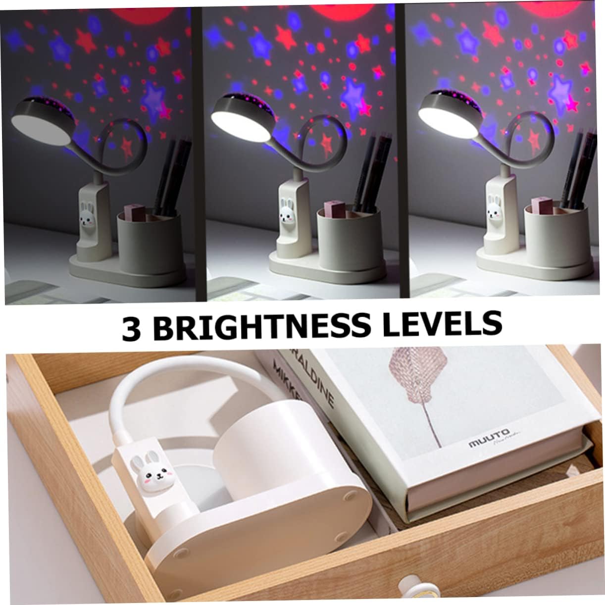 ARTIBETTER Multipurpose Bedside Lamp Star Projector and Brightness Eye-Caring Led Desk Light for Study Office and Nighttime Use Flexible Neck