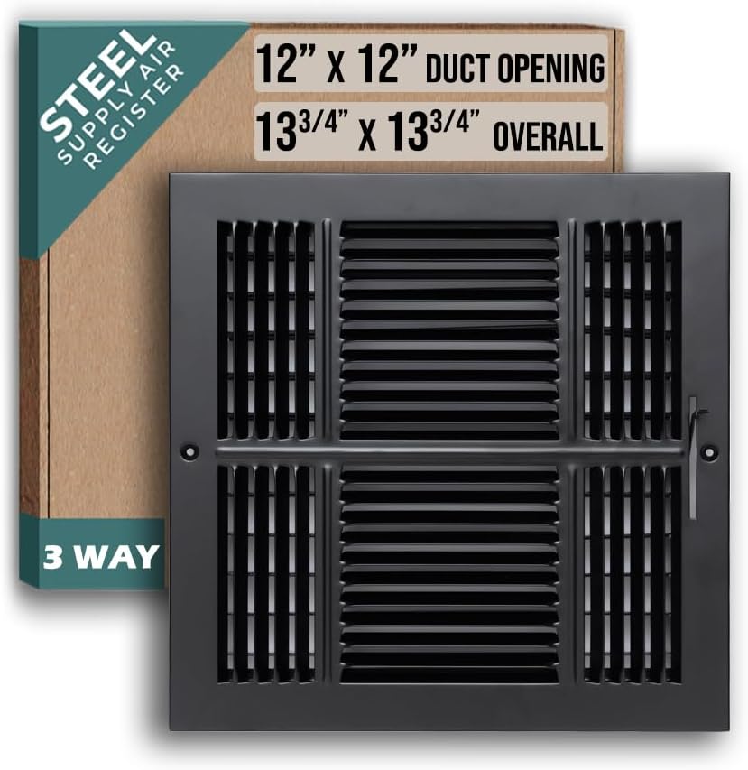 Fits 12x12 Duct Opening 3 Way Steel Air Supply Diffuser by Handua | Register Vent Cover Grille for Sidewall and Ceiling | Black | Outer Dimensions: 13.75" X 13.75"