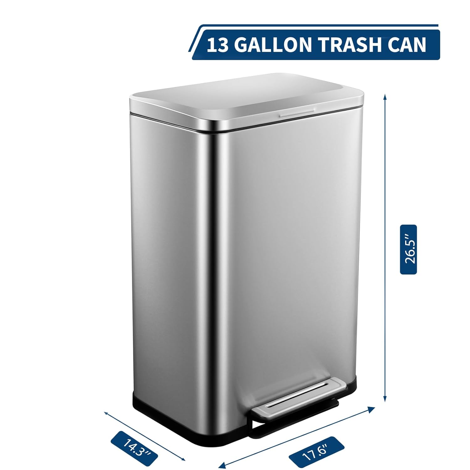 13 Gal Stainless Steel Trash Can with Lid – Hands-Free Pedal Garbage Bin, Smudge & Fingerprint Resistant, 50 l Rectangular Waste Bin for Kitchen, Bathroom, Office, Soft-Close Silent Design