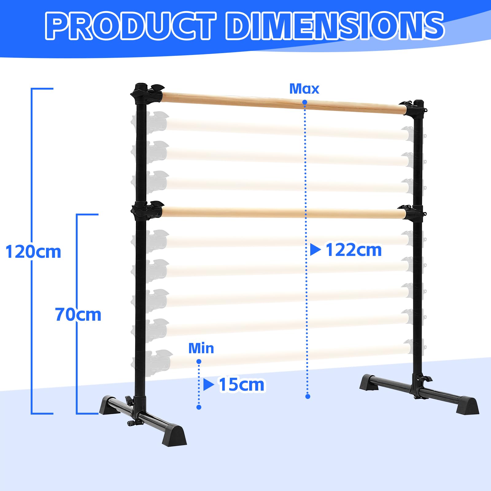 LIROPAU Doppia barra per balletto, autoportante, con piedini antiscivolo, altezza regolabile da 15 a 122 cm, per ragazze e adulti