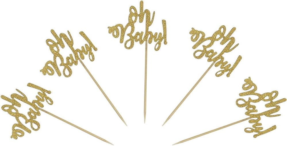 MUMULULU Set of 24 Gold Glitter Oh Baby Cake Cupcake Toppers Picks for Wedding Birthday Baby Shower Party Decorations