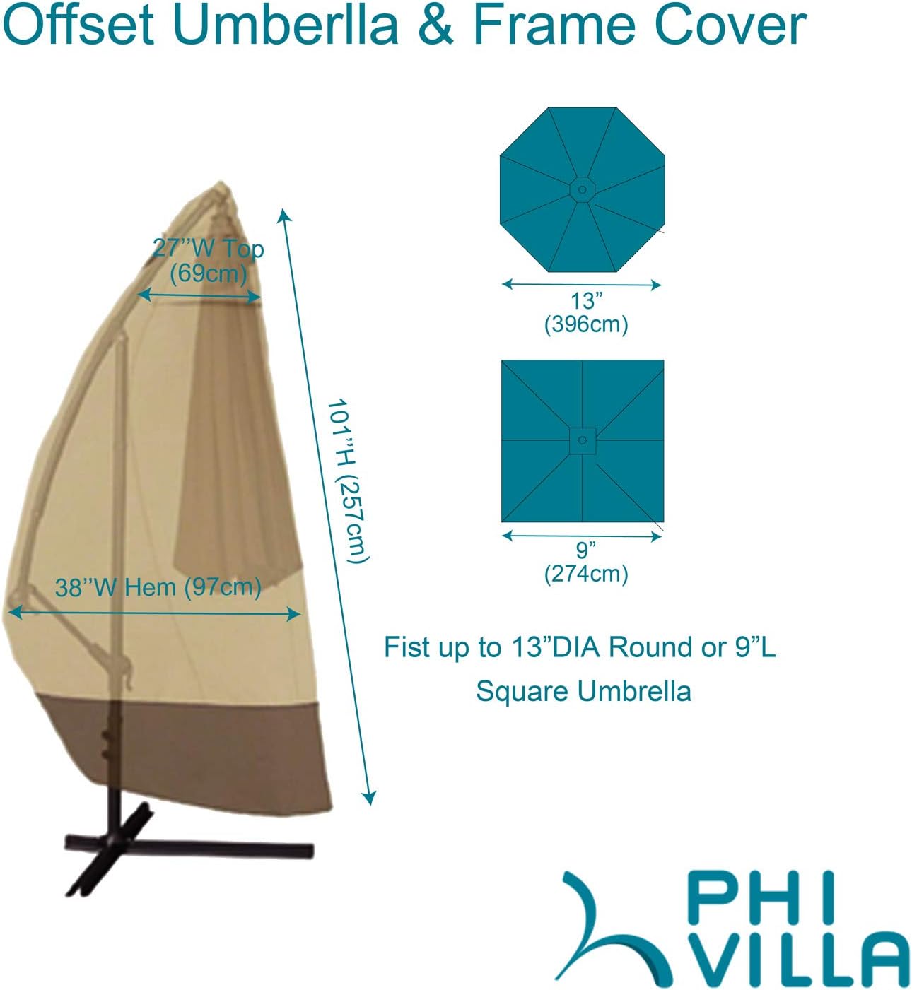 PHI VILLA Patio Umbrella Covers for Outdoor, Large Waterproof 600D Oxford Heavy Duty Fabric Umbrella Canopy Covers for 9-13 Feet Outdoor Offset Umbrellas, (Frame Covers)