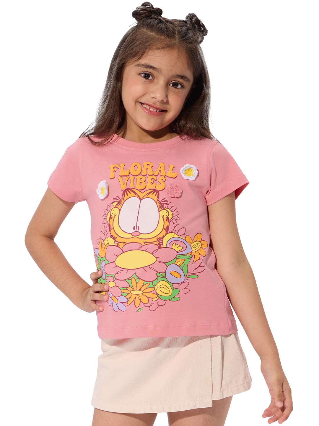 The Souled Store Garfield - Camiseta de manga corta para niña, diseño floral, cuello redondo, estampado gráfico rosa, ajuste normal, algodón