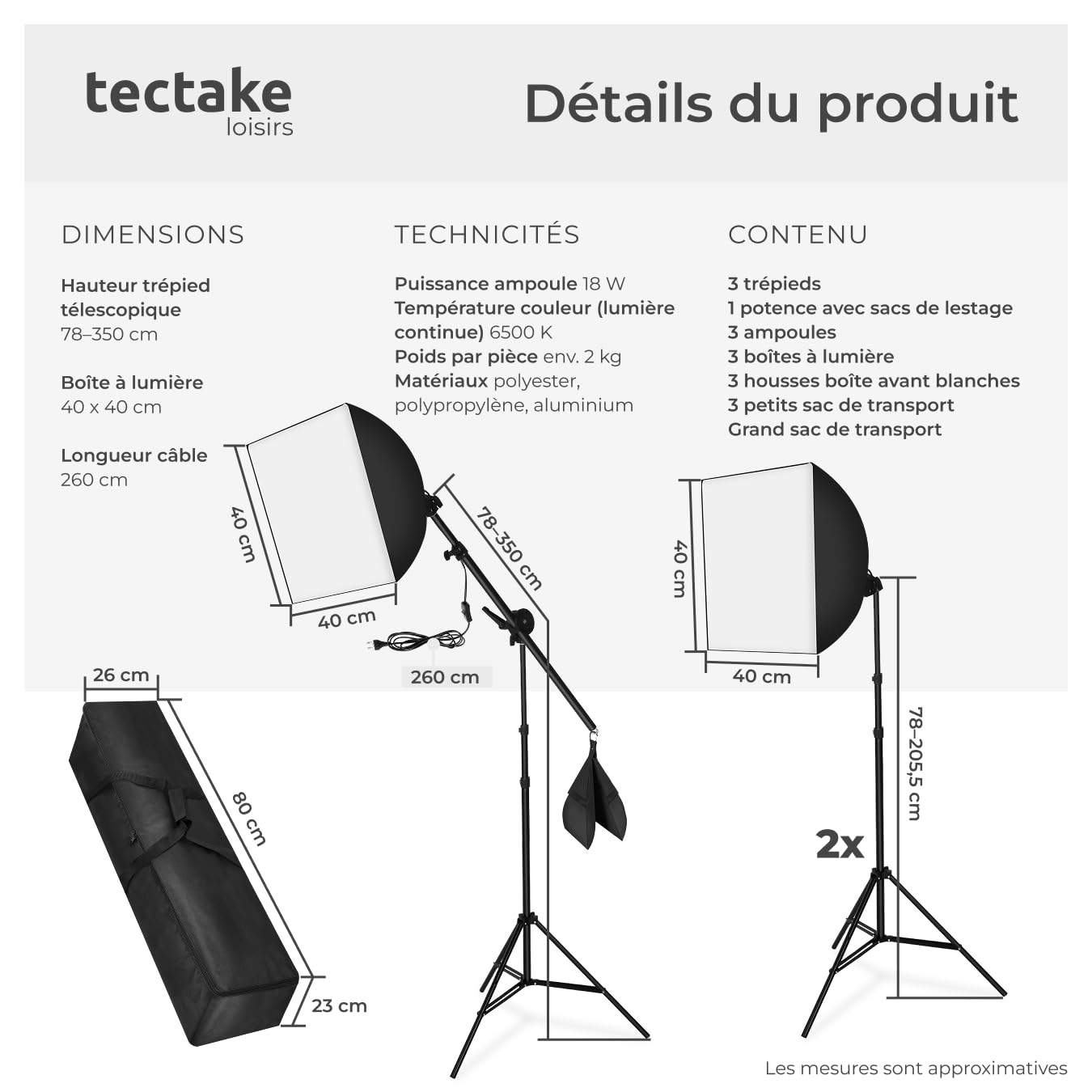 tectake® Set de 3X Soft Box pour Studio Photo Eclairage Video Boite Lumiere Studio Professionnel en Aluminium Kit Accessoires Photographie Flash Studio Photo, Trépieds et Sac de Rangement
