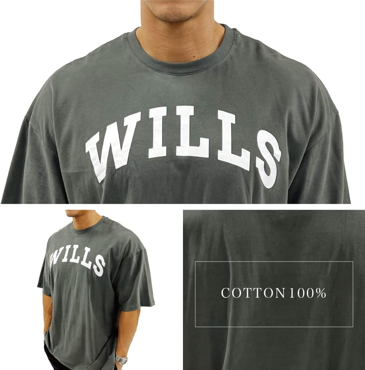 [WILLS FITNESS] Tシャツ メンズ 半袖 オーバーサイズ Tシャツ ビッグシルエット 五分丈 コットン100% ウィルズフィットネス FRONT BIG LOGO OVERSIZE T-SHIRT 筋トレ ジム ウエア 9900000010018