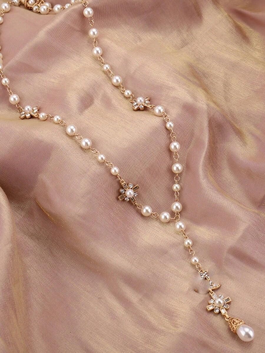 Long Faux Pearl Tassel Chain Necklace For Women Gold Plated CZ Cross Pendant Choker Necklace Faux Pearl Beaded Long Chain Y Layered Necklace Fashion Jewelry Gift