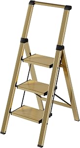 HillhutApex Step Ladder,3 Step Ladder with Handrail（Bright Gold） | 150KG Capacity Aluminum Ladder,Foldable Ladders for Kitchen,Office,Library
