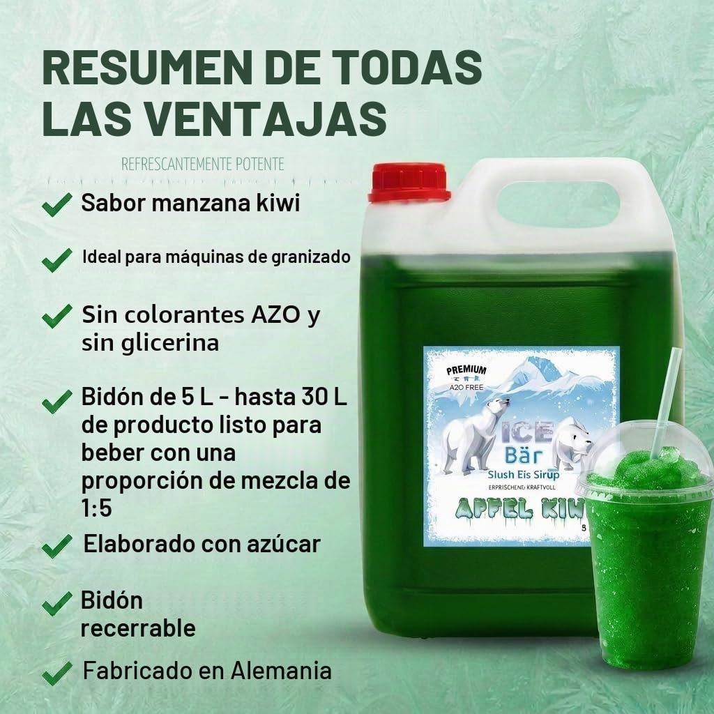 ICE Bär SLUSH Granizado 12 variedades afrutadas, 5 litros de concentrado, Sabor manzana kiwi, granizador de hielo para máquina de hielo de bricolaje 5L (Paquete de 1)