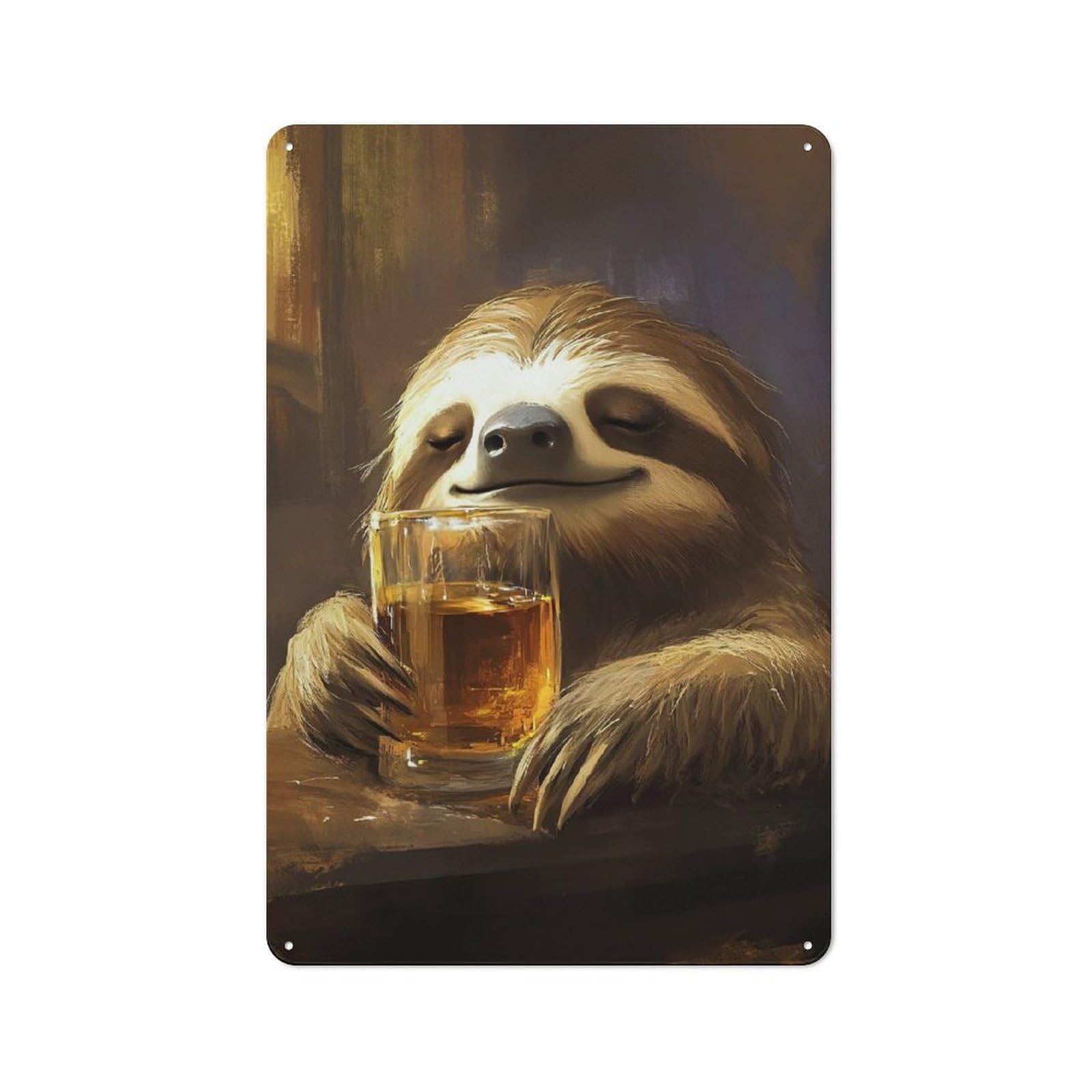 Junmoney Sloth Drinking Bourbon Whiskey 30X20cm Rustic Metal Plaque With For Café Or Restaurant, For Themed Interiors In Cafés And Restaurants