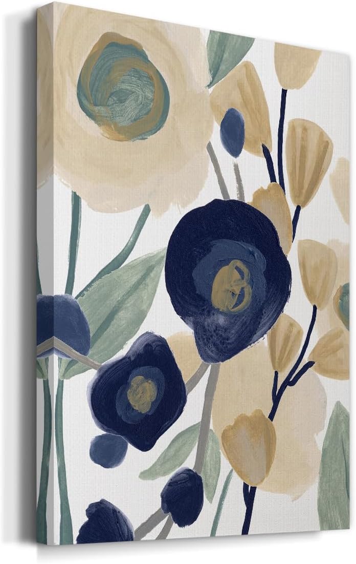 Renditions Gallery Floral Home Decor Nature Paintings Blue Poppy Flower Cascade Canvas Abstract Artwork for Bedroom Living Room Kitchen Walls - 18"X27" LT536 image 2