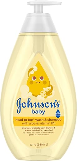 Johnson’s Head-To-Toe Gentle Baby Body Wash & Shampoo, Tear-Free, Sulfate-Free & Hypoallergenic Bath Wash & Shampoo for Baby’s Sensitive Skin & Hair, Washes Away 99.9% Of Germs 27.1 fl. oz