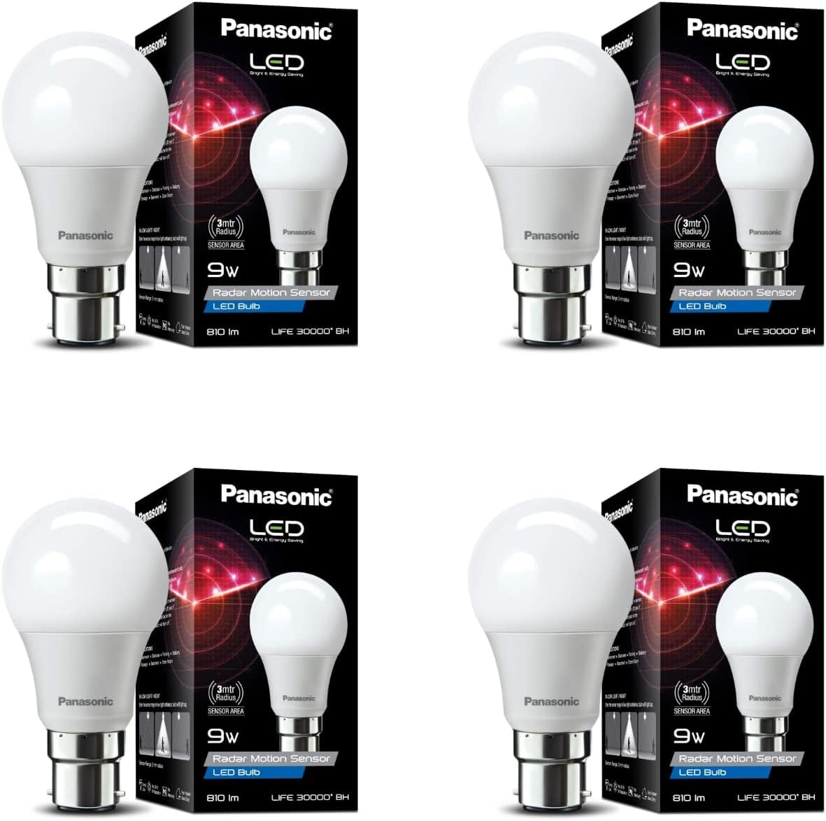 Panasonic 9 Watt Motion Sensor B22 Led Bulb for Home with 3 Mtr Radius Sensor Area, Auto Off After 15 Sec, 1 Yr Warranty (Pk4)
