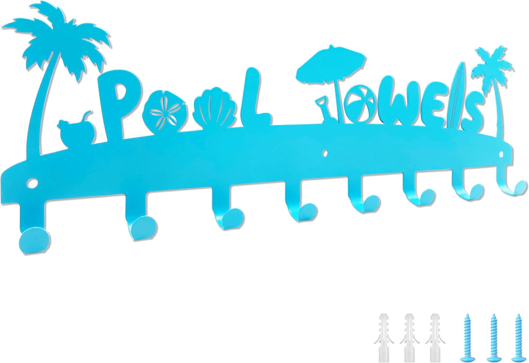Pool Towel Rack for Bathroom Metal Towel Hooks Wall Mounted Towel Holder Pool Towel Rack Outdoor Beach Towel Rack for Pool Outside with 8 Hooks for Hanging Towels, Clothes, Pool Area Decor (Blue)