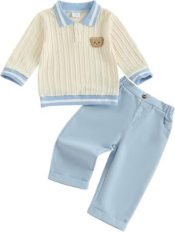Giraropa Toddler Baby Boy Clothes Bear Embroidery Sweater Sweatshirt Long Sleeve Sweatsuit 2Pcs Pant Set Fall Winter Outfits