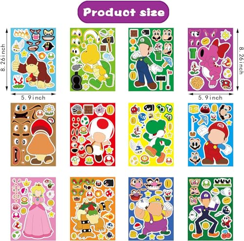Image of 36PCS Mario Make a Face Stickers, DIY Mario Party Supplies Favors Make Your Own Stickers Mixed and Matched with Different Designs Characters for Birthday Gifts Class Reward Book Decor