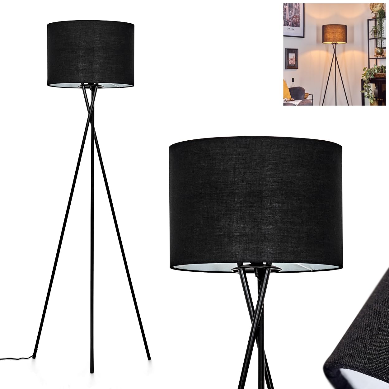 Stehleuchte Bassagoda, Stehlampe aus Metall/Stoff in Schwarz/Weiß, Leuchte im modernen Design mit rundem Schirm (Ø 40 cm) u. Fußschalter, Höhe 156 cm, 1 x E27, ohne Leuchtmittel