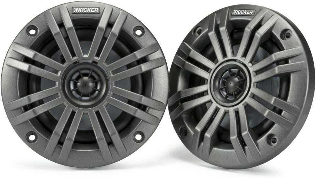 KICKER KM4 4-Inch (100mm) Marine Coaxial Speakers with 1/2-Inch (13mm) Tweeters, 4-Ohm, Charcoal and White Grilles