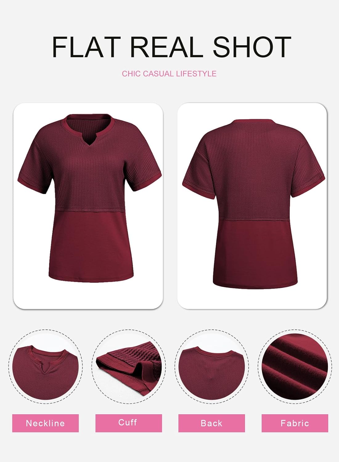 SHEWIN Womens Casual V Neck Waffle Knit Tops Short Sleeve T Shirts Loose Blouses - Image 4