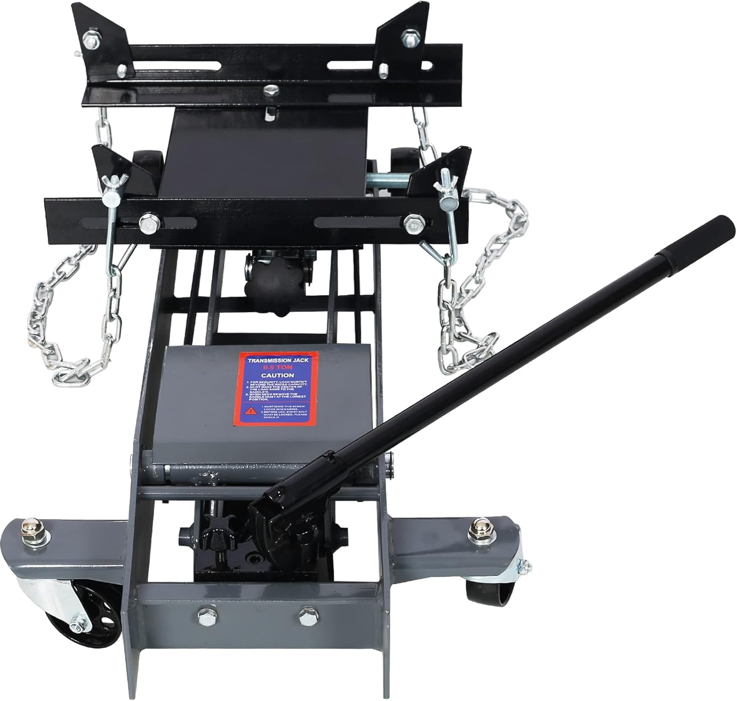 Low Profile Transmission Floor Jack - 1000 LBS Lift Capacity - Lift Range 9.6” to 27.8” - 360° Pump Handle Rotation & Adjustable Load Support Arms, for Cars, Trucks, and Other Vehicles - Light Gray