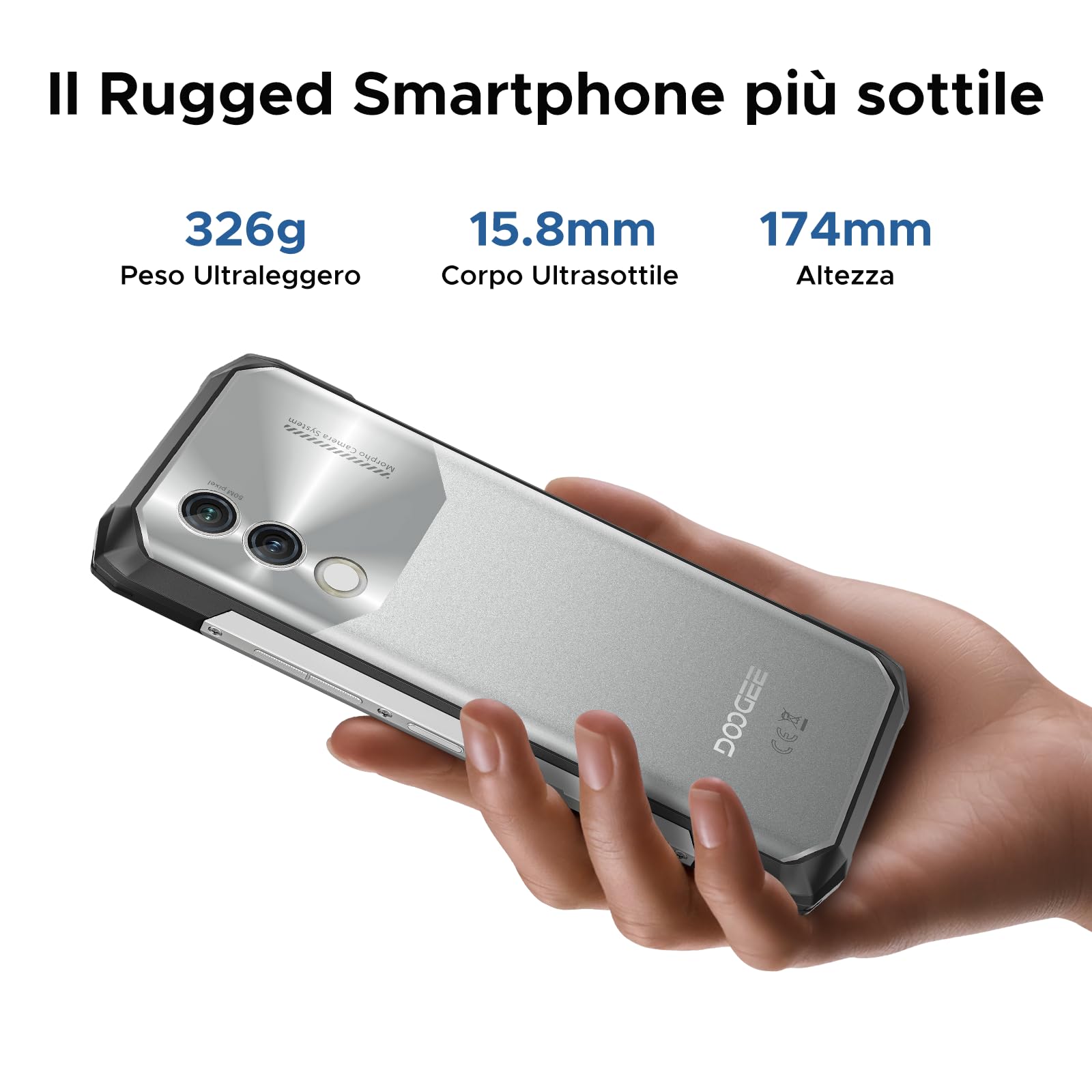 DOOGEE Blade10 Power Rugged Smartphone, 24(6+18) GB+256GB, 10300mAh, Smartphone Rugged 90Hz 6.6” HD+ IPS, Octa Core Android 14, 50MP+8MP, Triple Card Slot, Fingerprint ID/Face Unlock/NFC/OTG, Argento