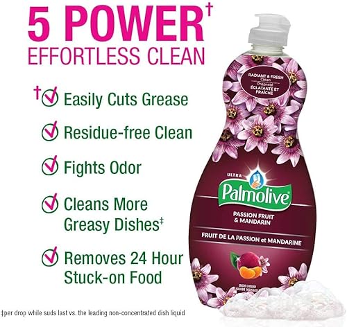 Miniatura 5 de Palmolive Jabón ultra líquido para platos, suave al tacto en las manos, resistente a la grasa, fórmula concentrada, aroma de maracuyá y mandarina,