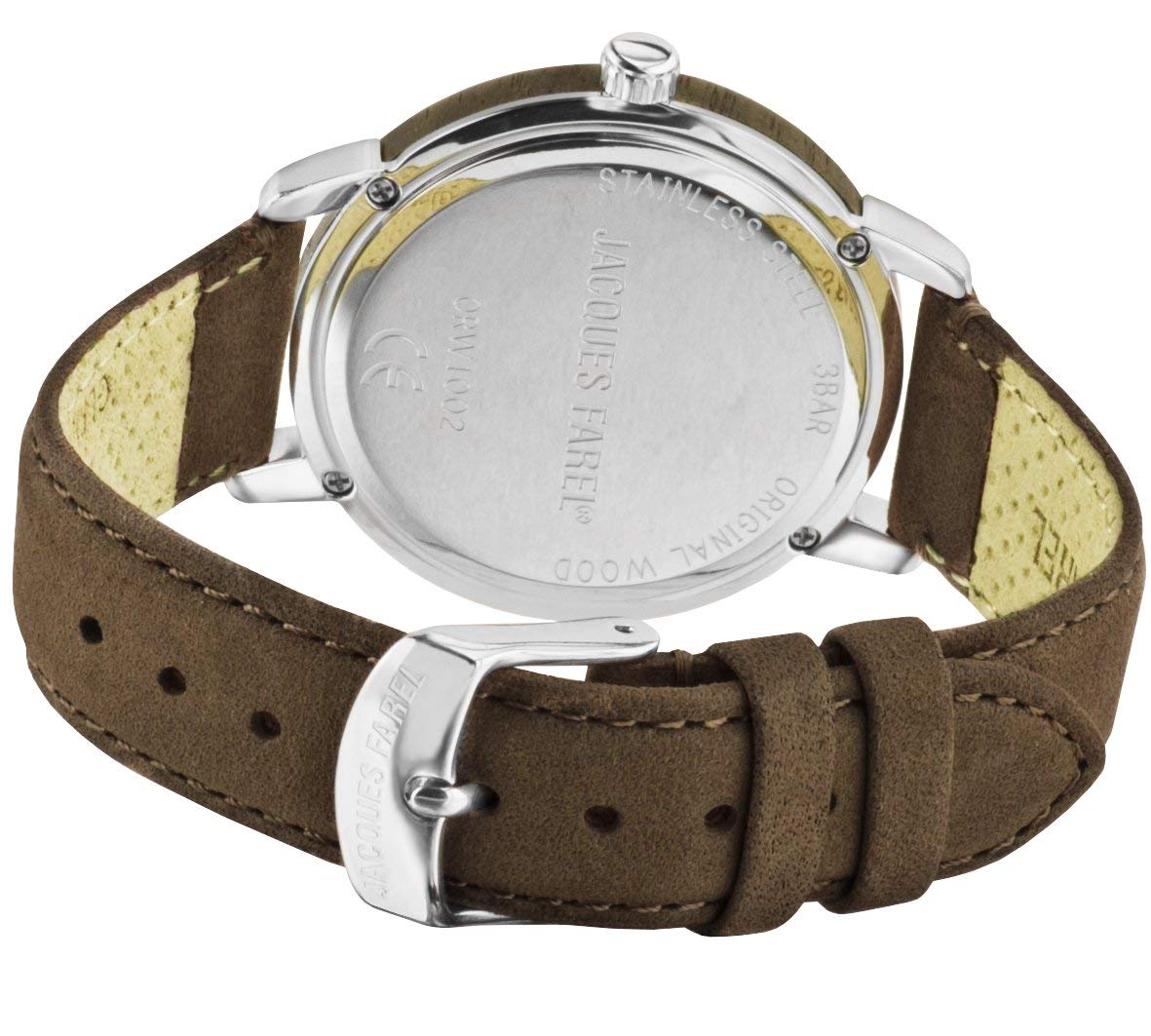 Jacques FAREL Hayfield Nachhaltige Damen Holz-Armbanduhr Walnuss Öko-Leder Terra-Braun Analog Quarz Stahl-Gehäuse 3 Bar ORW 1002