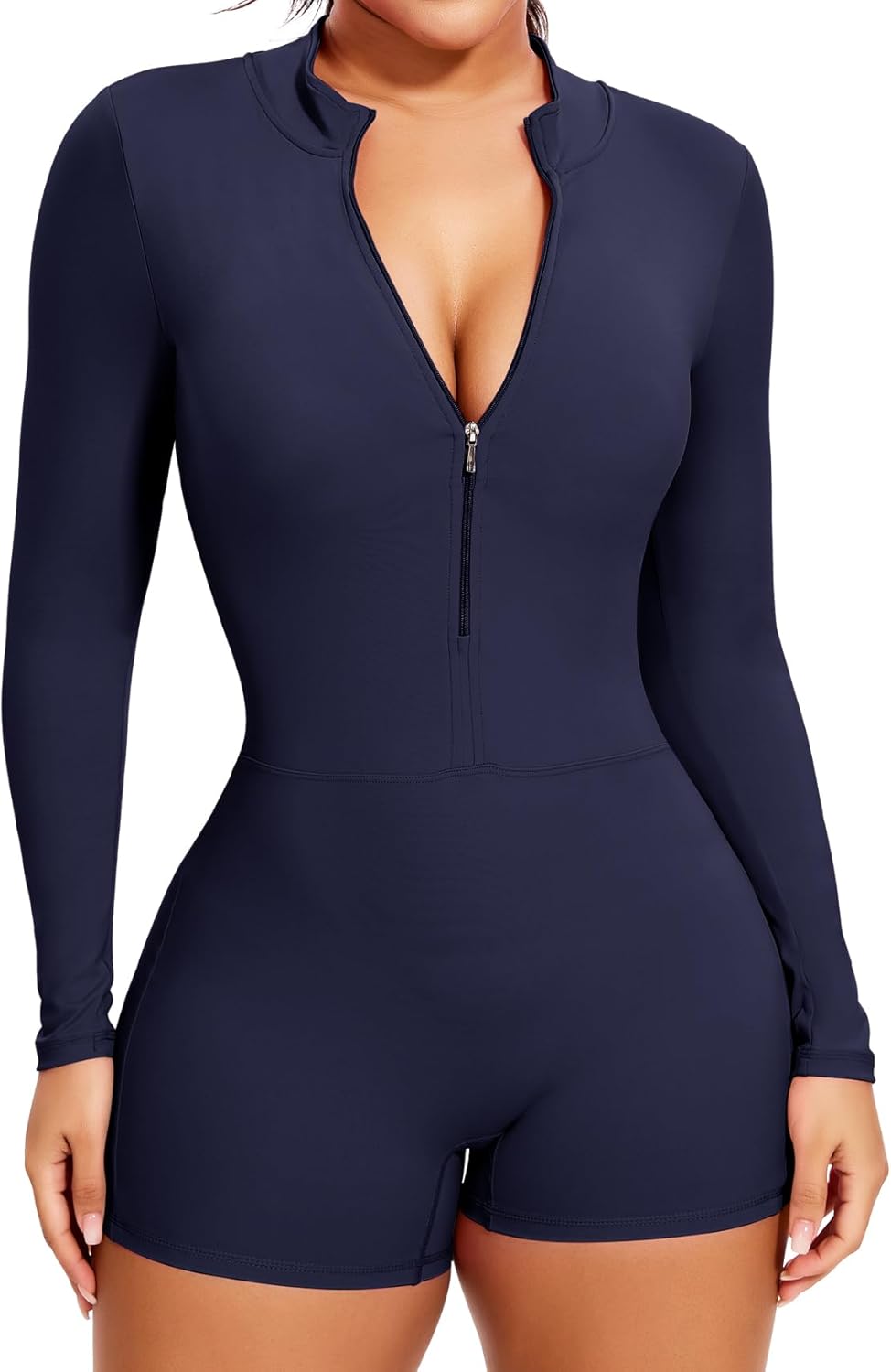 Women Long Sleeve Jumpsuit Zip Up Bodysuits Yoga Workout Unitards Bodycon One Piece Open Back Romper - Image 2