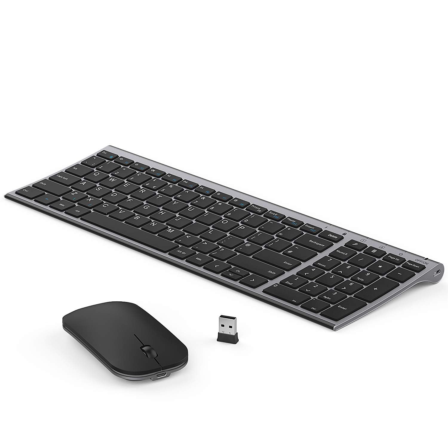 seenda WGJP-031B Wireless Keyboard Mouse Set, Ultra Thin Compact Rechargeable Aluminum Silent Computer Keyboard & Mouse Combo UK QWERTY Layout for Office, Home, Business, Black and Space Gray