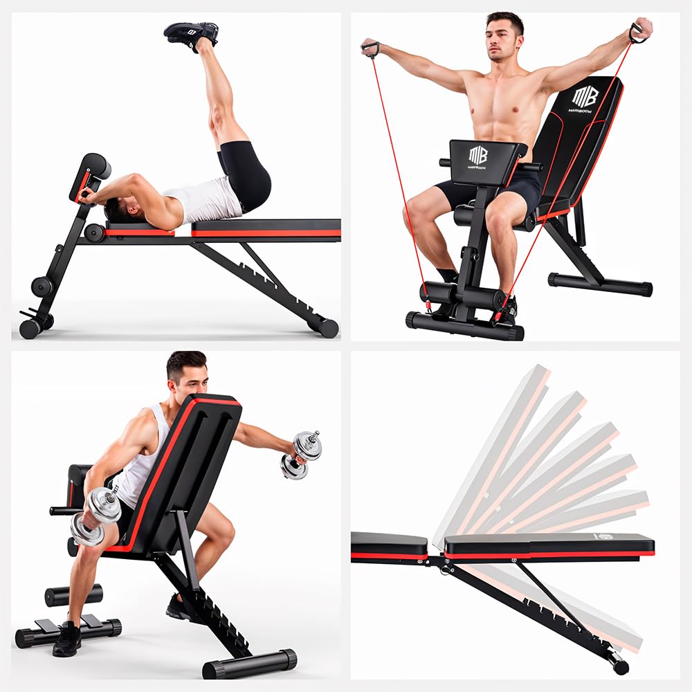 ManiBoom Banco Musculación PLEGABLE Multifuncional con 7 Posiciones Ajustable CARGA 250kg - Banco de Pesas con 2 Bandas de Entrenamiento y Cojín para Bíceps - Banca para Gym en Casa