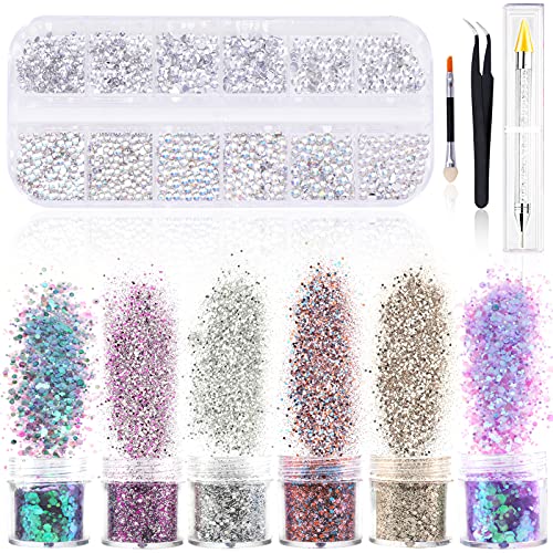 HOWAF 6 Boxen Nägel Glitzer Pailletten, 800pcs Strasssteine Nägel Aufkleben, Pinsel, Pinzette, Edelsteine Picker Dotting…