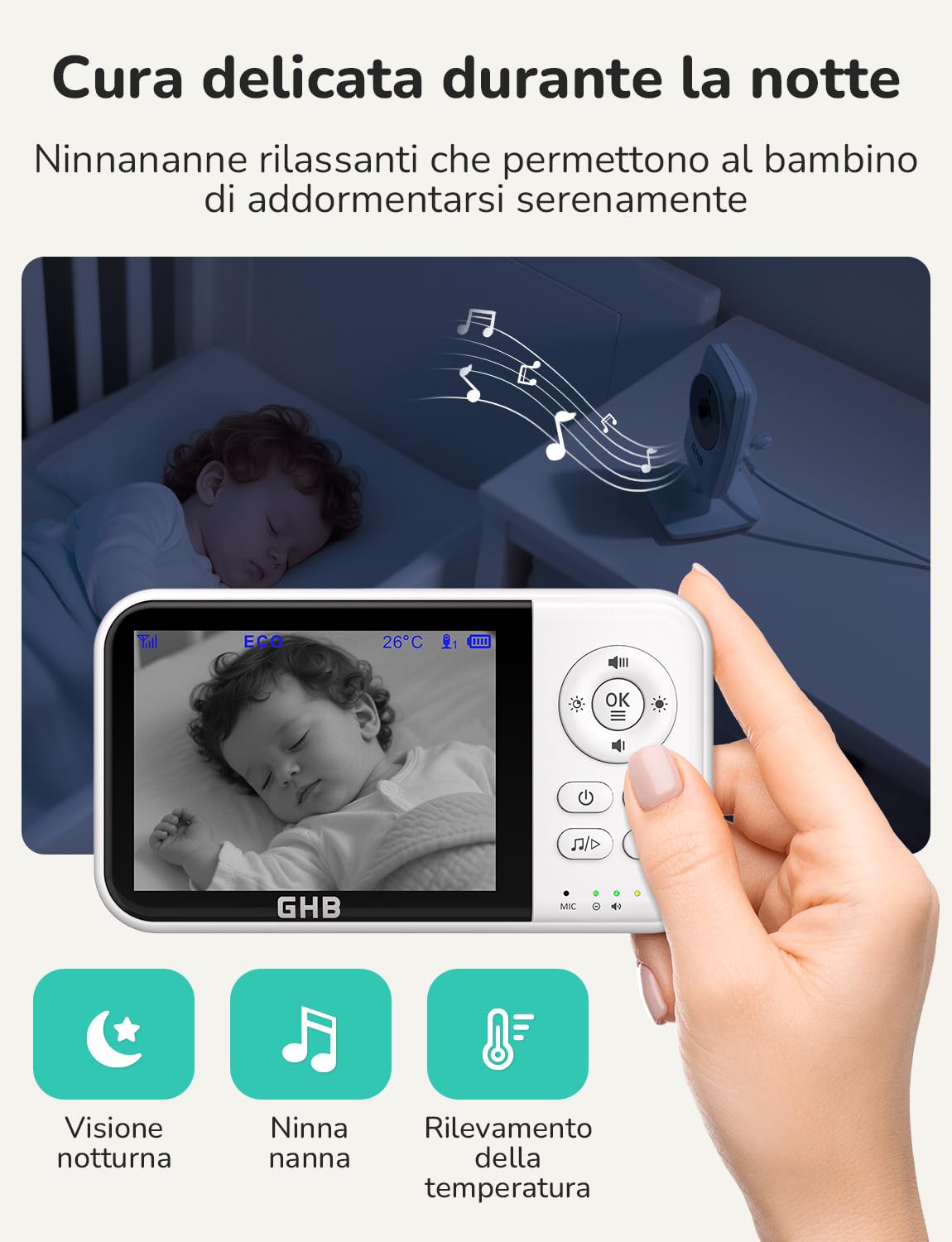 Baby Monitor con Telecamera 3.2'' 2100mAh Visione Notturna VOX Rilevamento Temperatura Interfono Bidirezionale