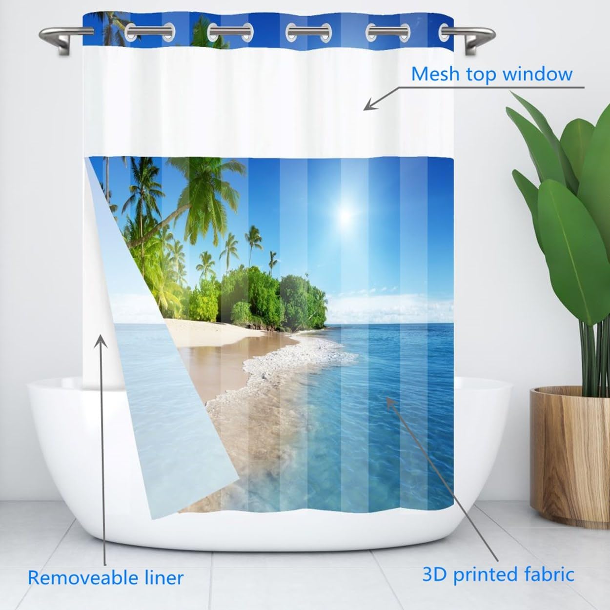 No Hook Shower Curtain with Snap in Liner,Ocean Beach Seaside Palm Trees Island Shower Curtains, Double Layer, Mesh Top Window,71 x74 inches,Blue