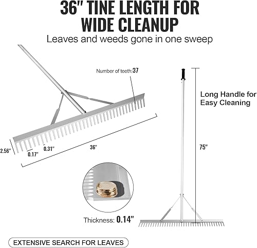 Miniatura 3 de VEVOR Rastrillo de paisaje, rastrillo de aluminio con cabeza de 36 pulgadas, rastrillo de malezas de lago con mango largo de 75 pulgadas, para