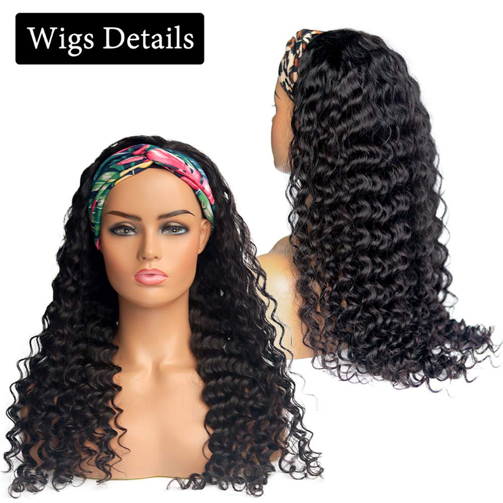 Deep Wave Headband Wigs Virgin Human Hair for Women Glueless No Lace Front Wigs Full Thick Ends 150% Density Deep Curly Real Hair 18 inch Natural Black