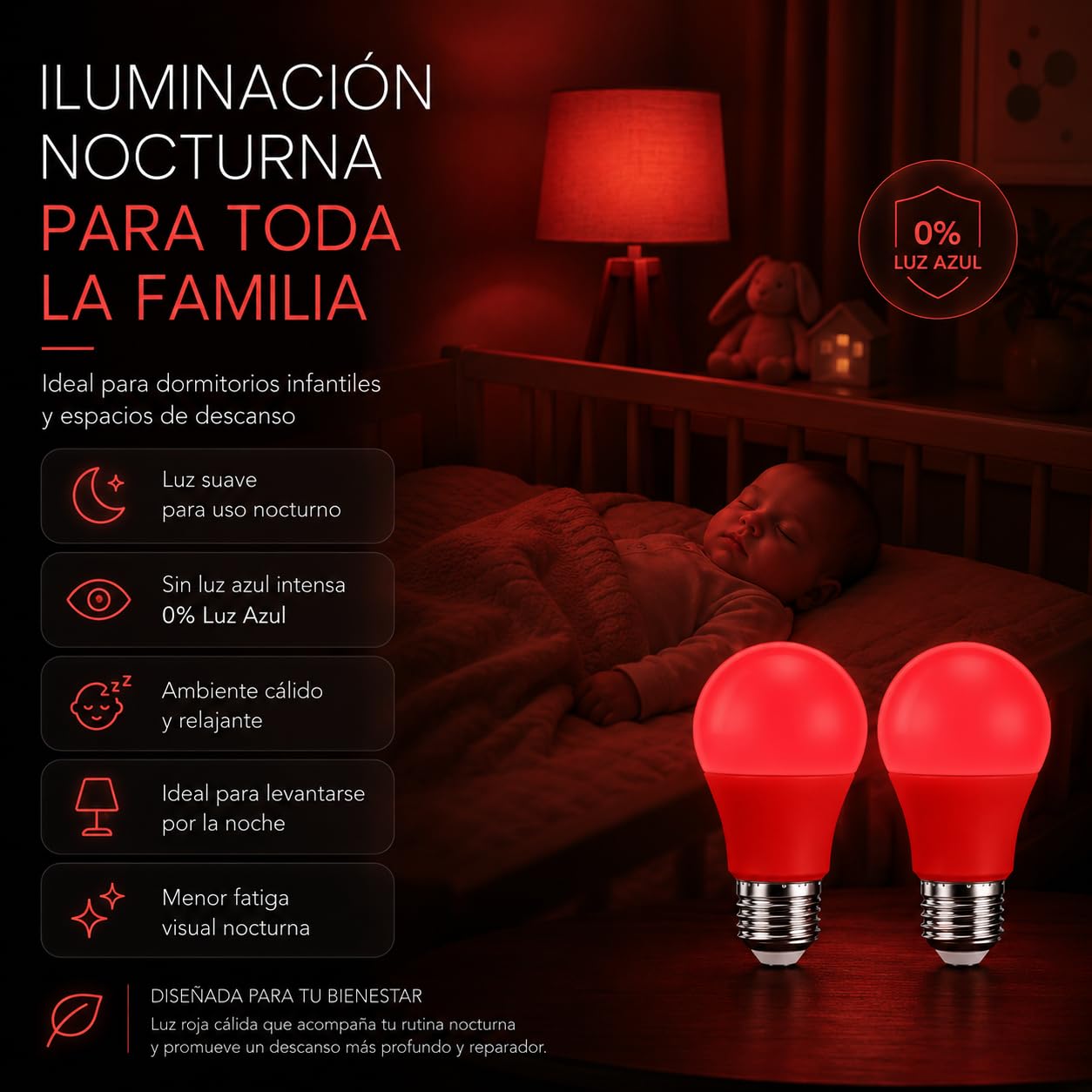 Bombilla Luz Roja E27 para Dormir y Melatonina | Pack 2 Bombillas LED de 7W Nocturnas 634nm sin Luz Azul | Luz Roja Bebé, Descanso y Biohacking | Anti Flicker (7, Vatios)