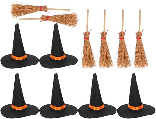 Miniatura 8 de IMIKEYA Mini escoba de sombrero de bruja 12 sombreros de bruja pequeños en miniatura, manualidades, sombreros de bruja y escobas para Halloween,