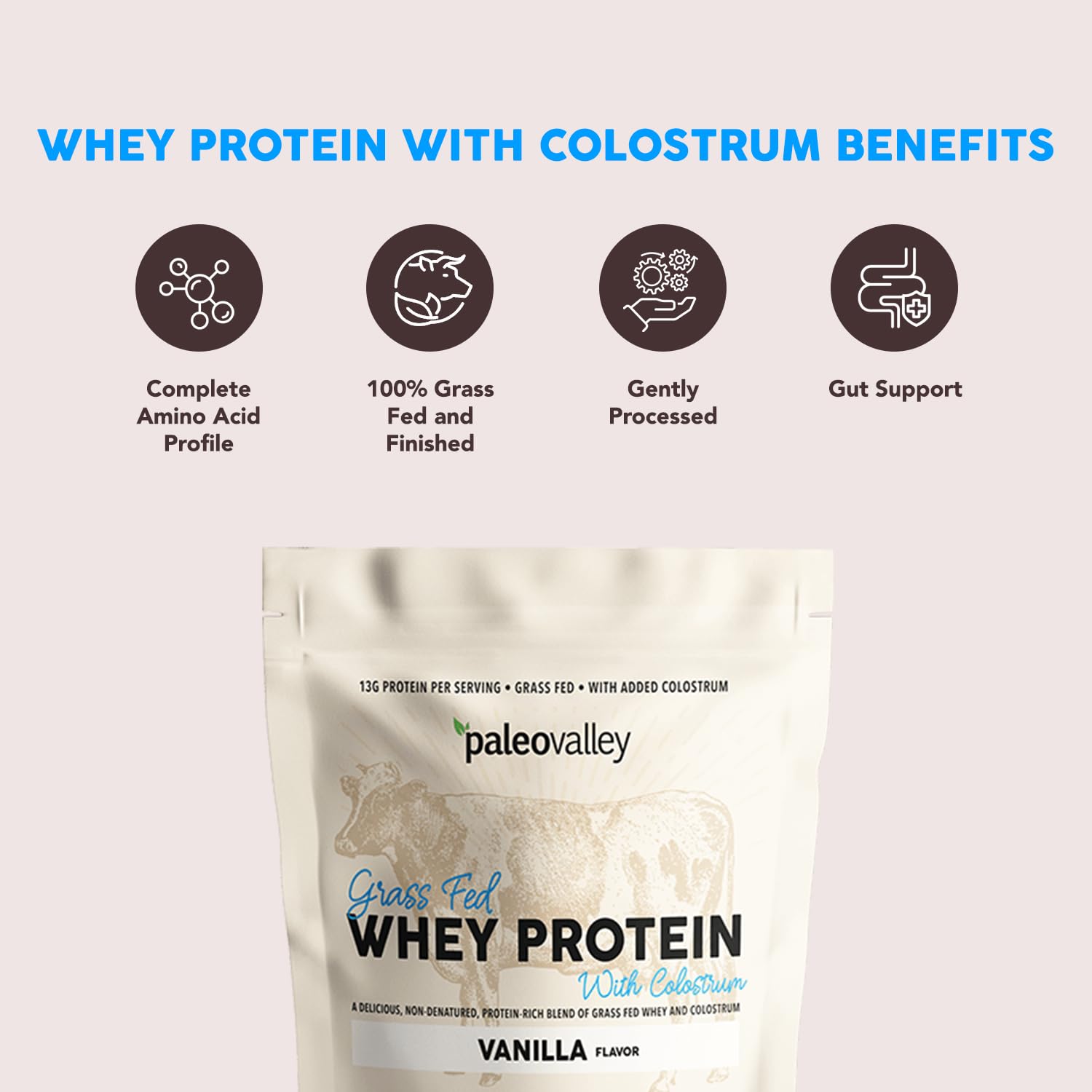 Paleovalley 100% Grass Fed Whey Protein Powder with Colostrum, Vanilla — Amazon image 3
