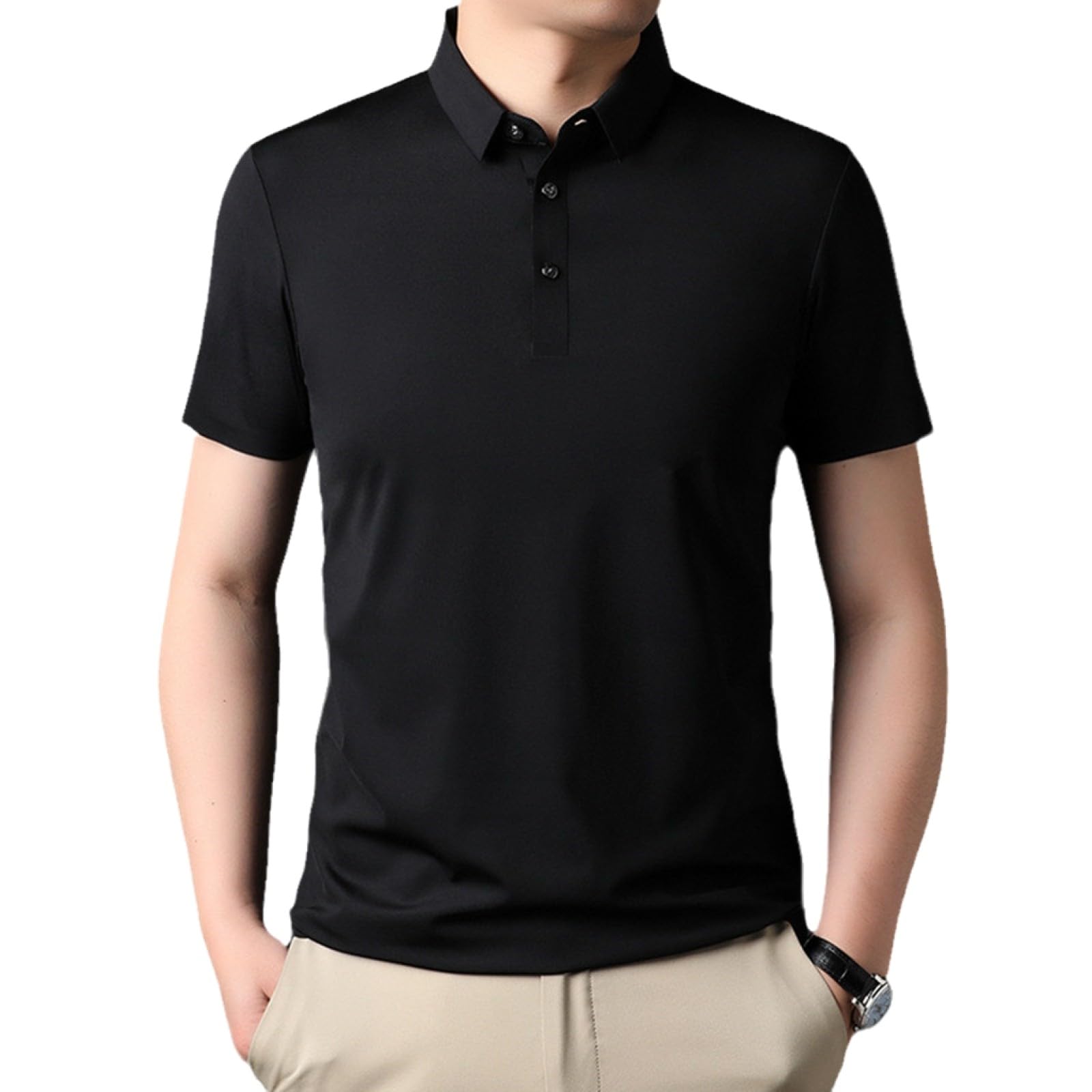 Moda Casual - Abbigliamento Estivo Sottile Streetwear Polo Nera Magliette Camicie da Lavoro Traspiranti con 3 Bottoni per Camicia da Uomo Quick Dry Casual Work Golf