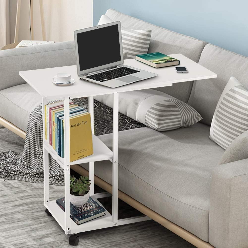 GOTOTOP Snack Side Table, Mobile End Table Bedside Table Laptop Rolling Cart C Shaped TV Tray with Storage Shelves for Sofa Couch (White)