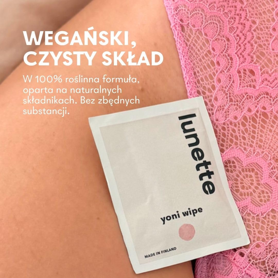 Lunette Yoni Wipes - Chusteczki Intymne – pH‑Zrównoważone – dla Skóry Wrażliwej – Bezzapachowe – Wegańskie i Kompostowalne – Pakowane Pojedynczo – Wyprodukowane w Finlandii (20 szt.)
