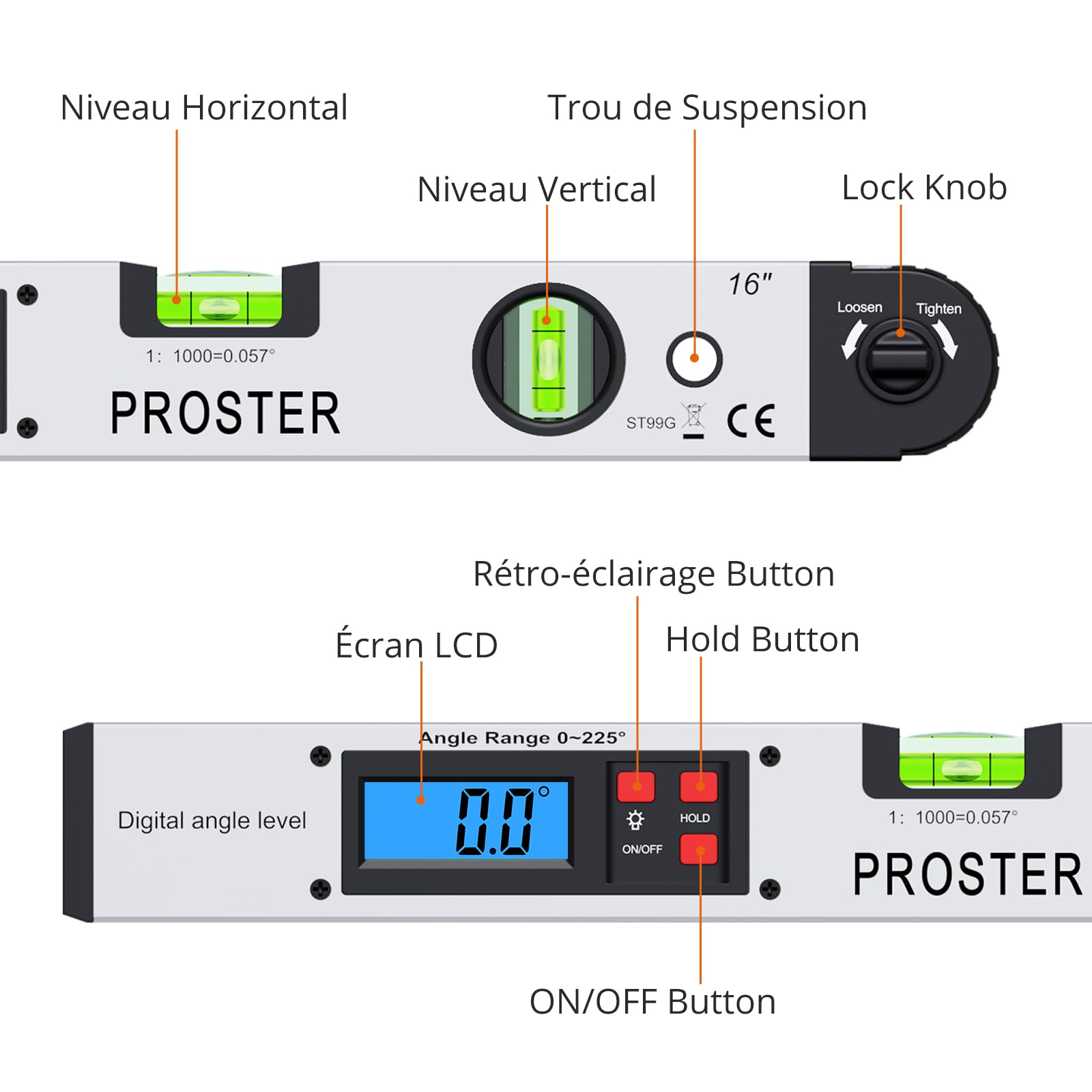 Proster Rapporteur d’Angle Numérique 0–225° - Règle d’Angle 400 mm / 16 Pouces avec LCD Rétroéclairé, HOLD, Niveaux à Bulle, Fausse Équerre pour Menuiserie, Charpente, Bricolage (Argent)