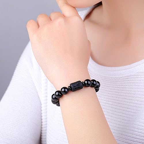 Vista 2 de KIOMOY Pulsera de obsidiana de cristal grabada con tótem de dragón o fénix con cuentas cilíndricas para hombres o mujeres, cadena de piedra natural