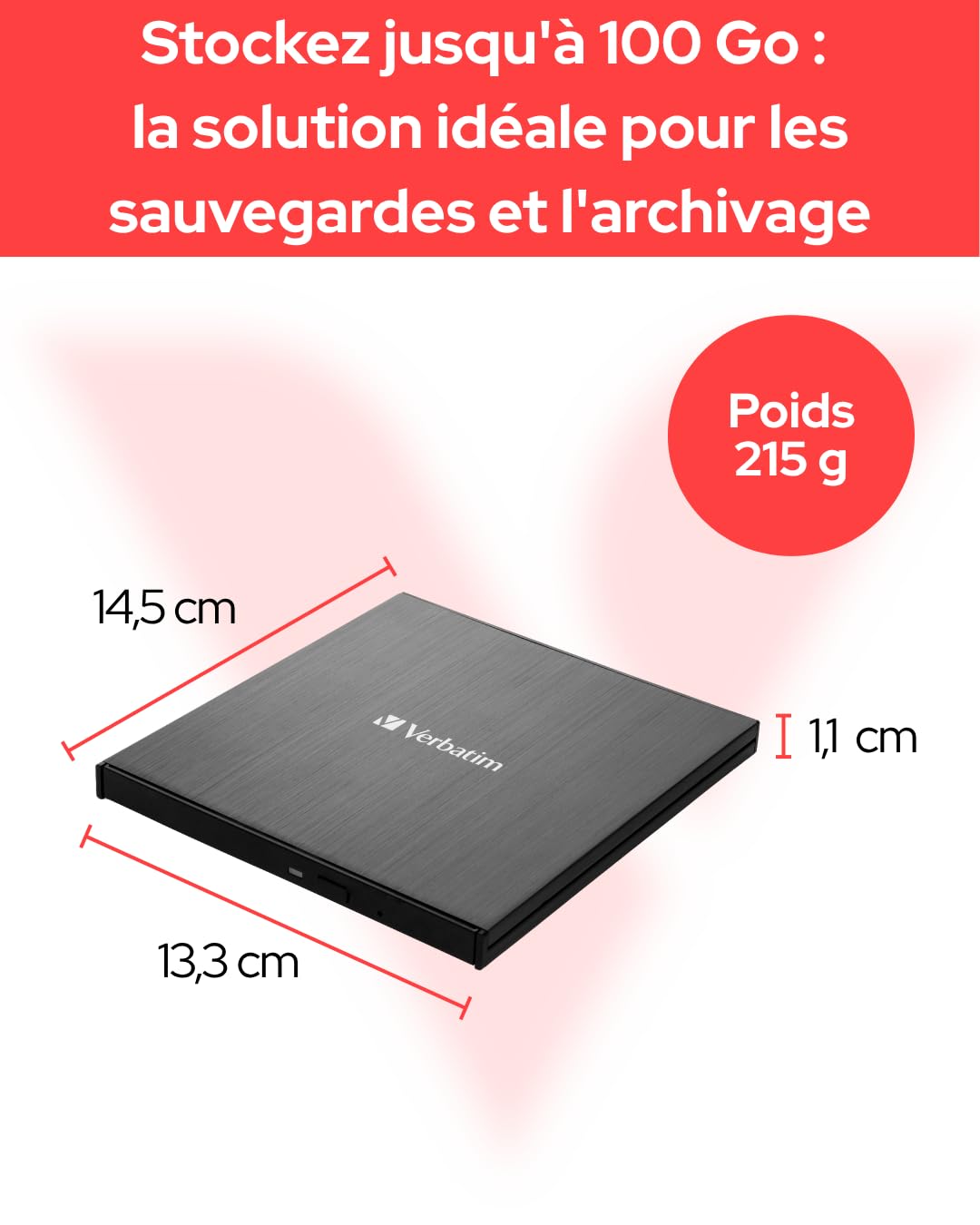 VERBATIM Graveur Blu-ray externe Slimline noir USB 3.1 Gen 1 avec connexion USB-C I Lecteur Blu-ray I Graveur Blu-ray externe compact pour de grandes backups I Lecteur Blu-ray externe